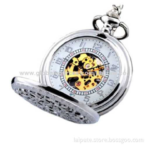 Mechanical Skeleton Hand Winding Pocket Watch, 47mm Arabic Dial in Silver, PNP Plated